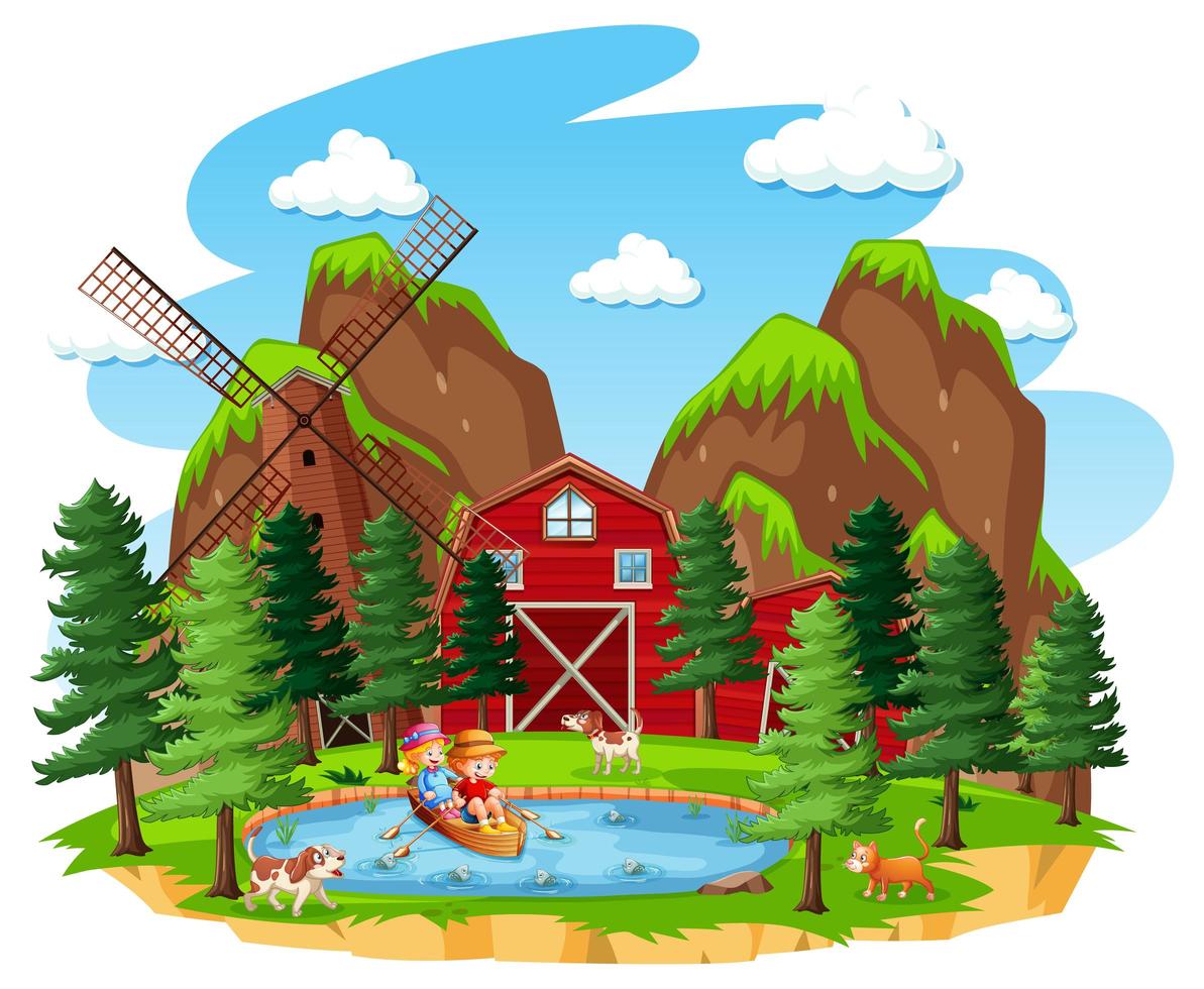 Farm with red barn and windmill on white background vector