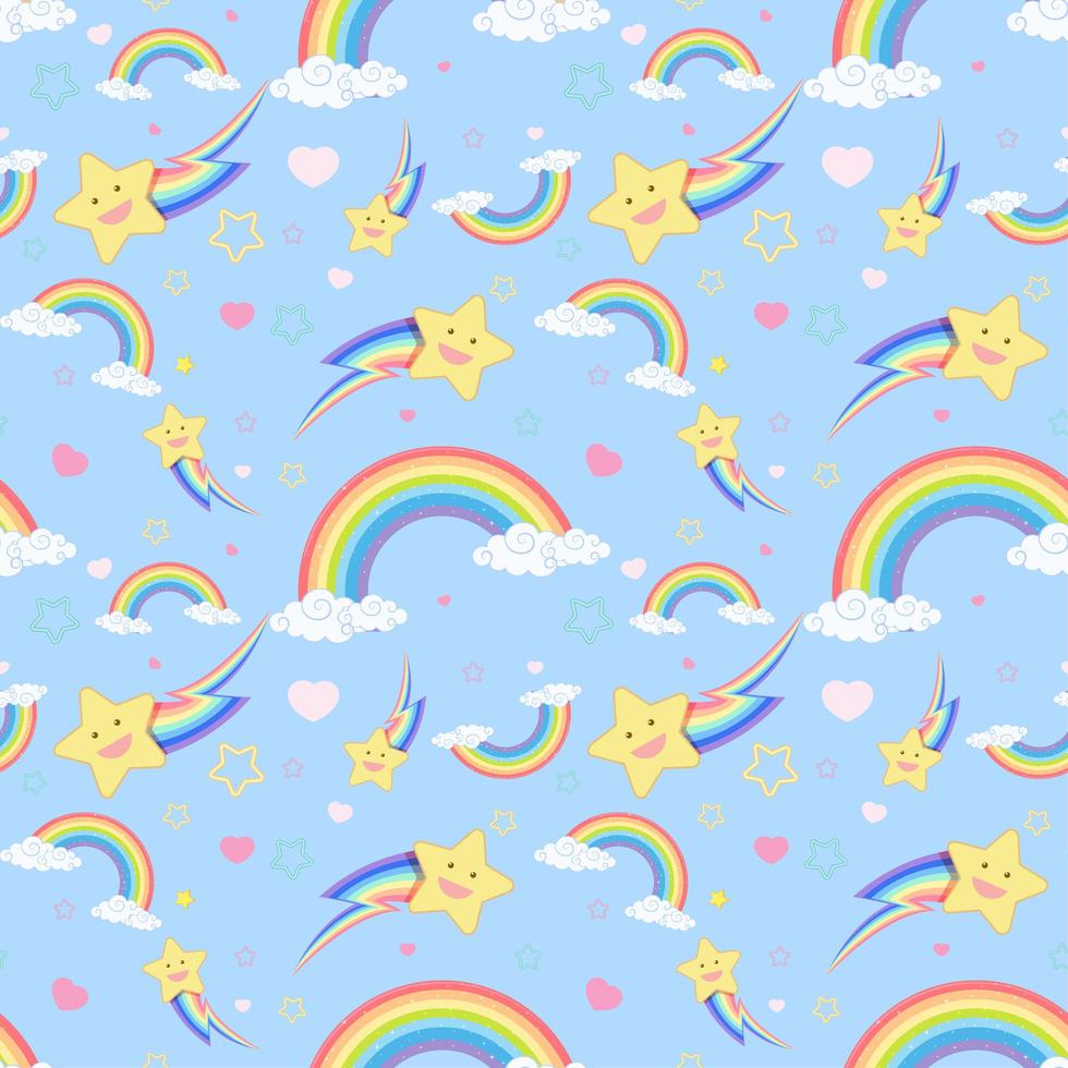 Seamless rainbow with cloud and star pattern on bright blue background vector