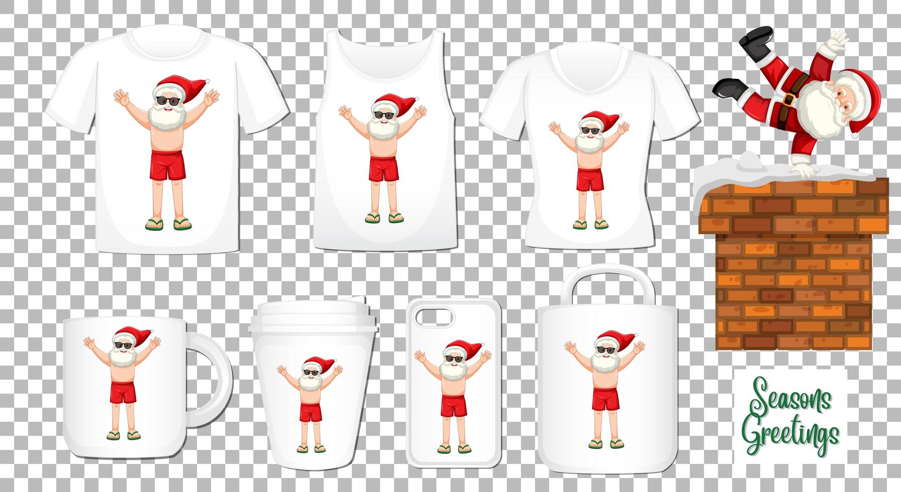 Santa Claus dancing cartoon character with set of different clothes and accessories products on transparent background vector