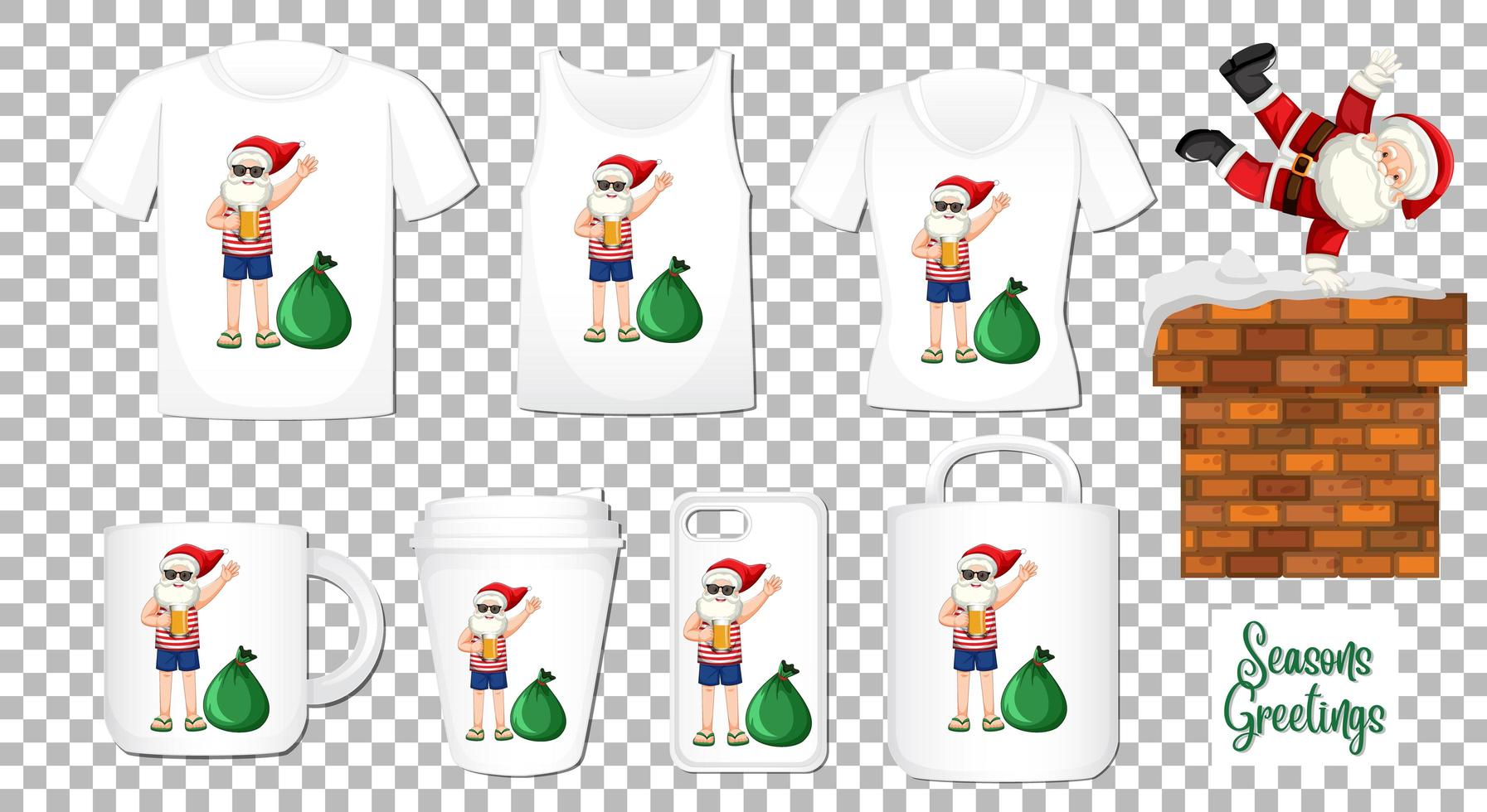 Santa Claus dancing cartoon character with set of different clothes and accessories products on transparent background vector