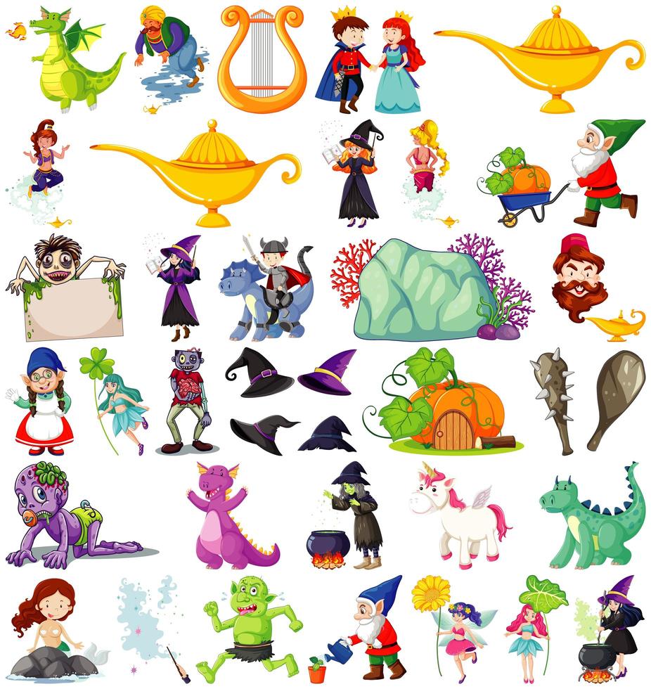 Set of fantasy cartoon characters and fantasy theme isolated on white background vector