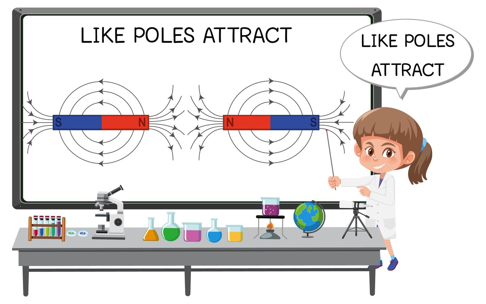 joven científico explicando el polo magnético vector