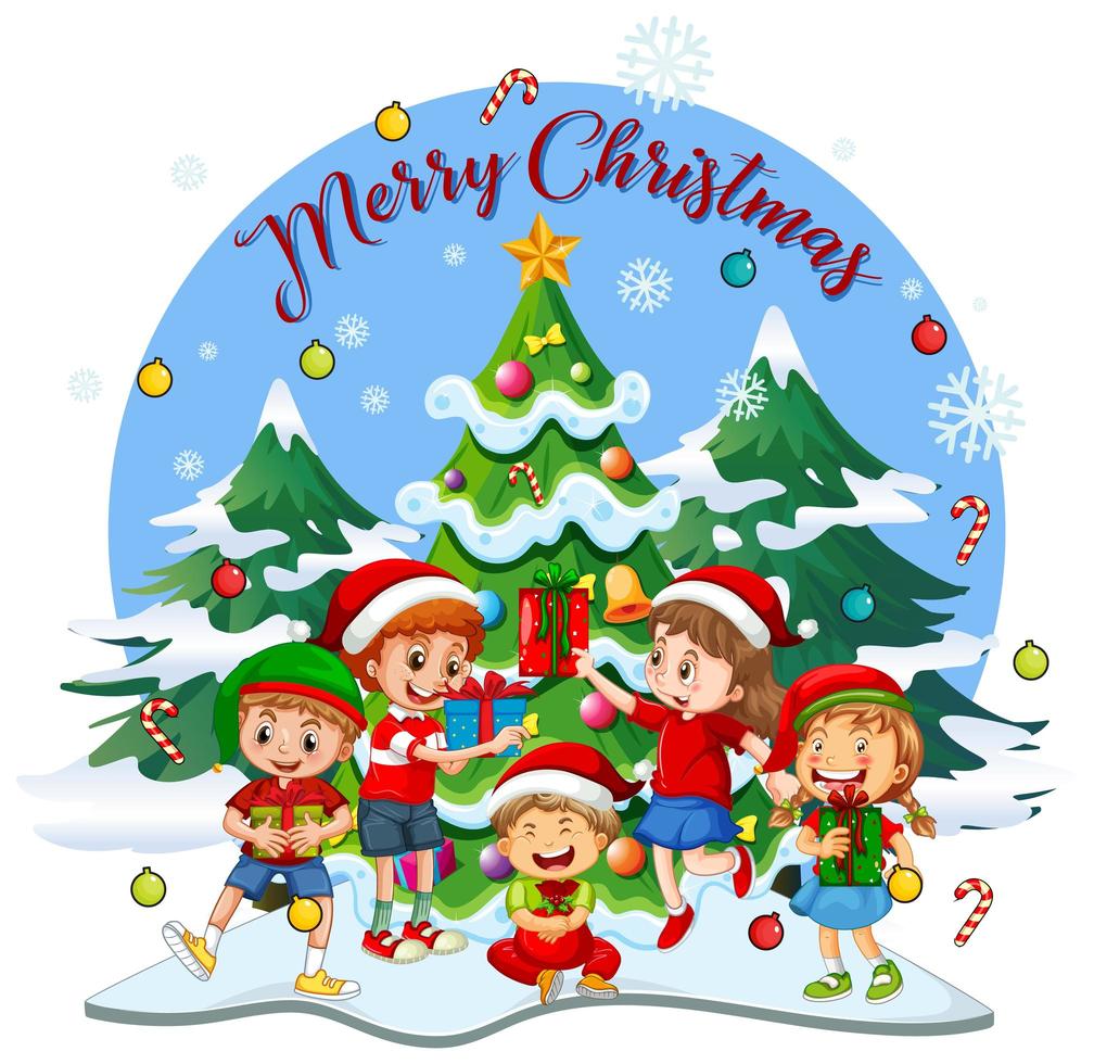 Merry Christmas font with children wearing Christmas costume vector