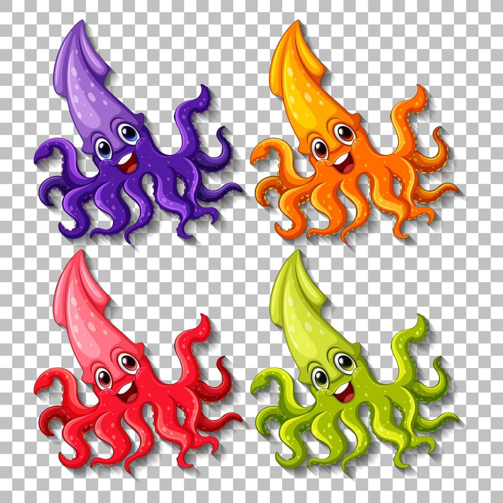 Set of different color squid cartoon character on transparent background vector