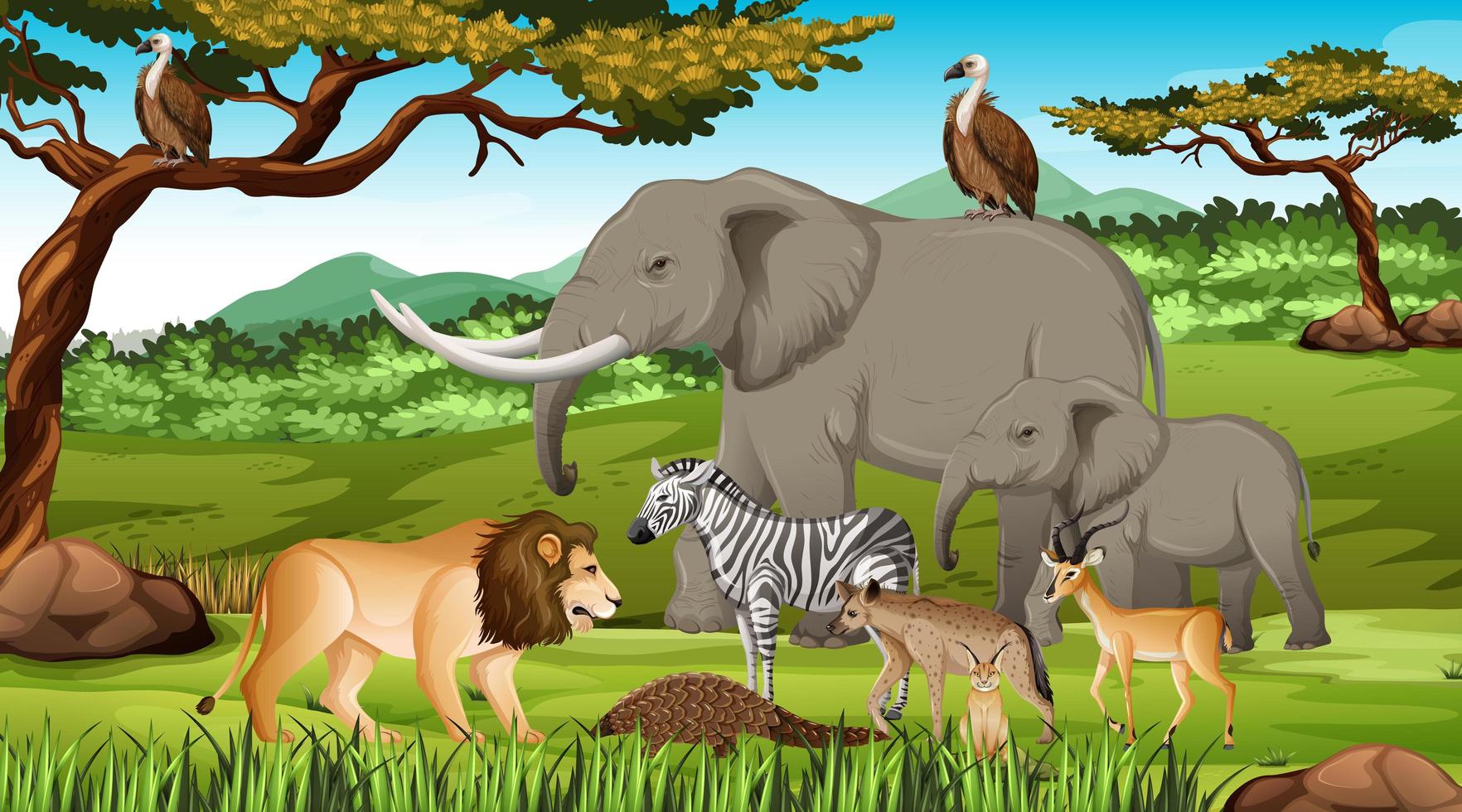 Grupo de animales salvajes africanos en la escena del bosque vector