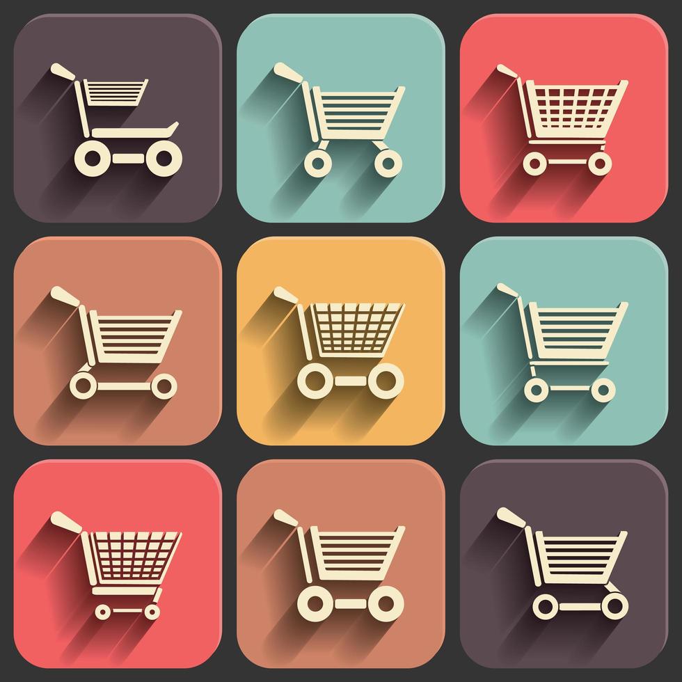 Shopping cart flat icon set on color vector