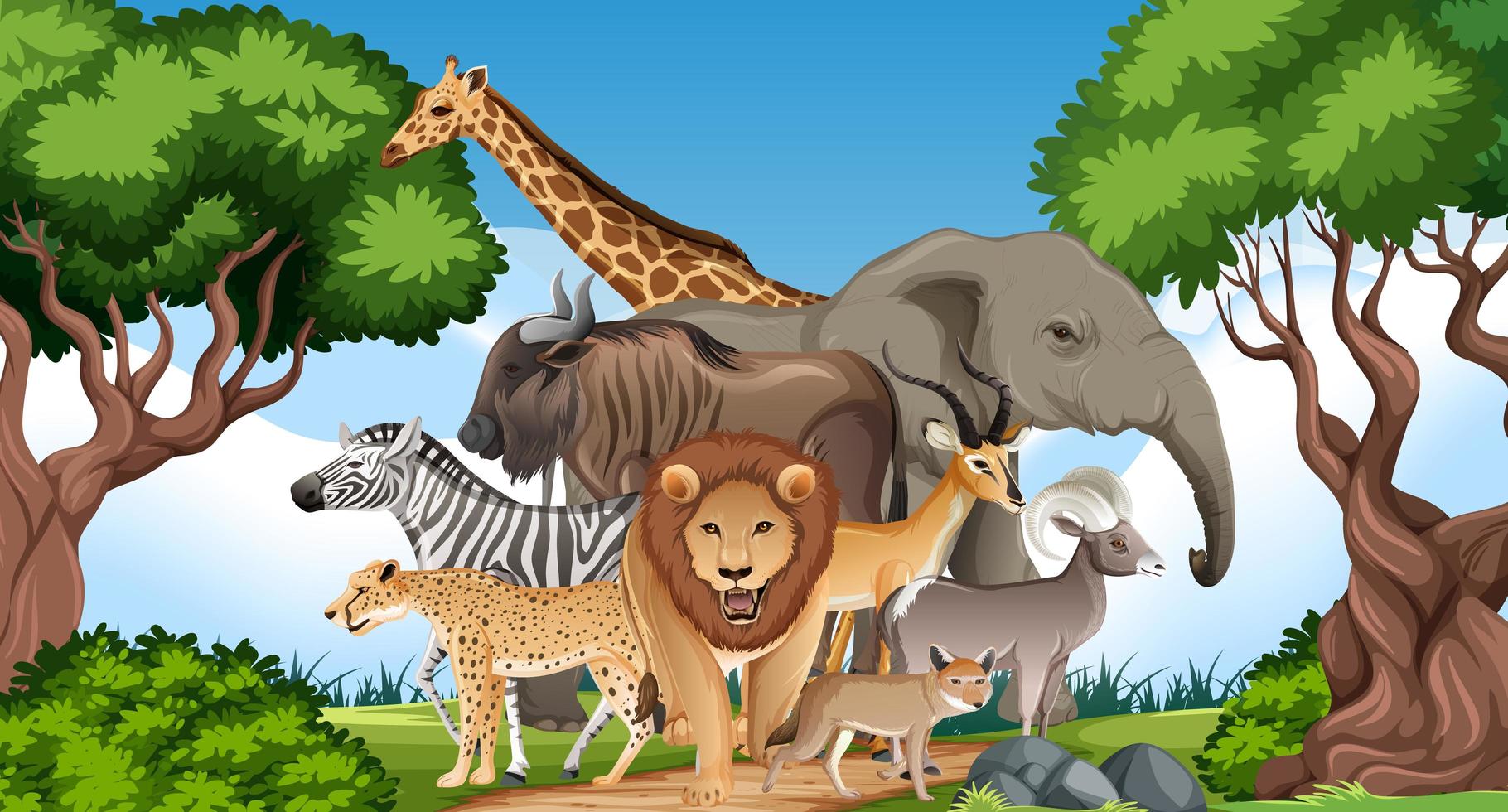 Grupo de animales salvajes africanos en la escena del bosque vector