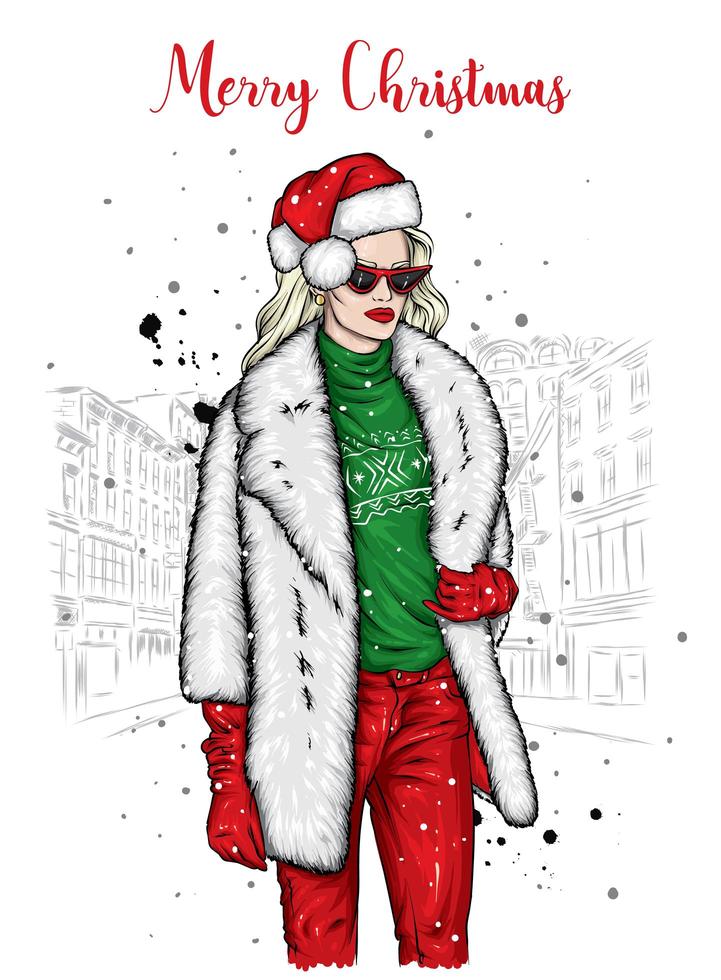 Beautiful woman in stylish clothes and Christmas hat vector