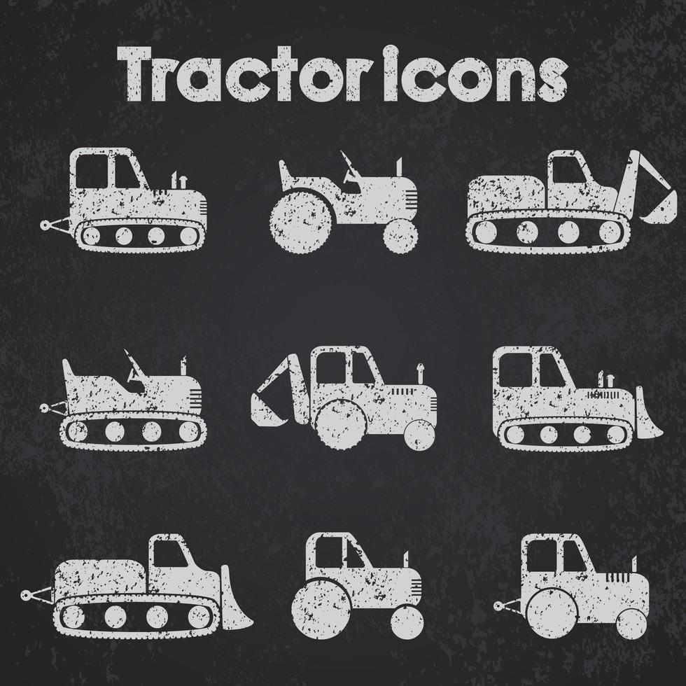 Tractores y maquinarias de construcción conjunto de iconos pizarra estilizada vector