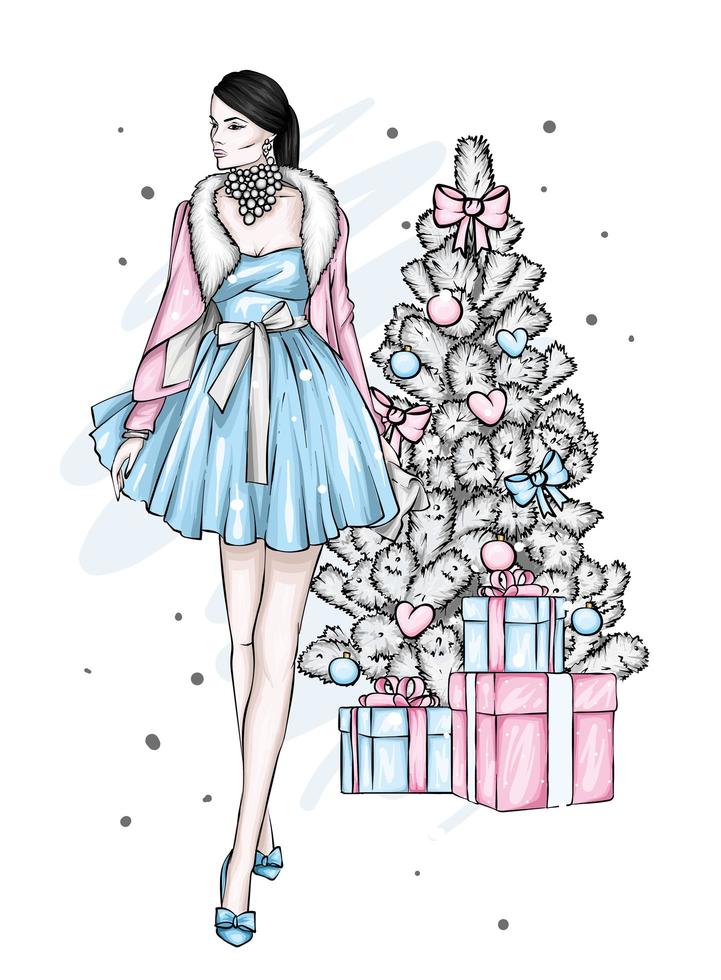 mujer joven en ropa elegante en navidad vector