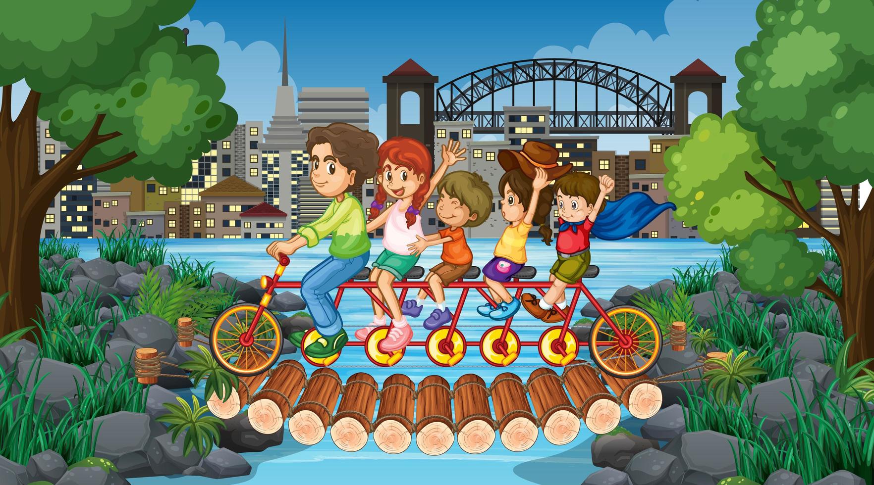 Scene with many children ride tandem bike in the park vector