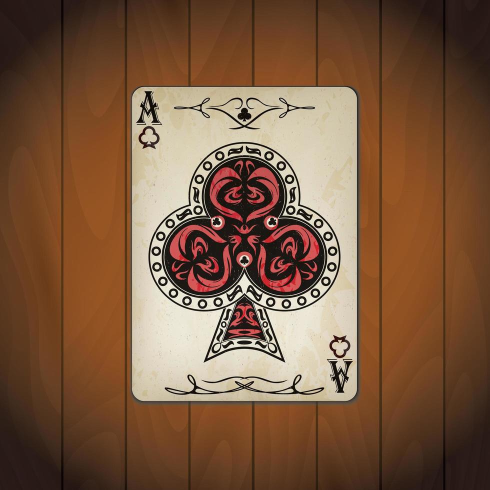 As de tréboles cartas de póquer aspecto antiguo madera barnizada vector