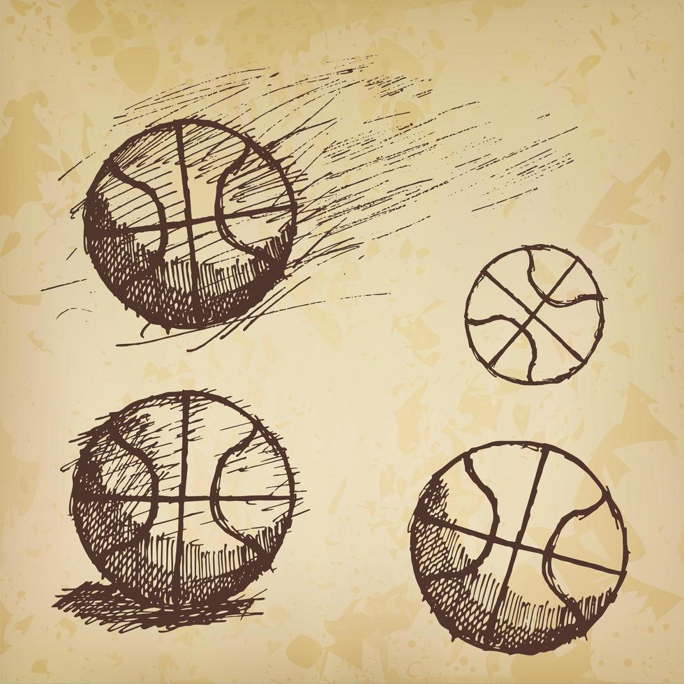 Conjunto de bocetos de pelota de baloncesto aislado en papel viejo vector