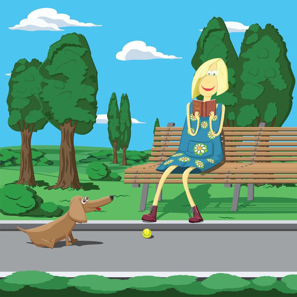 Cartoon girl in park sitting on the bench vector