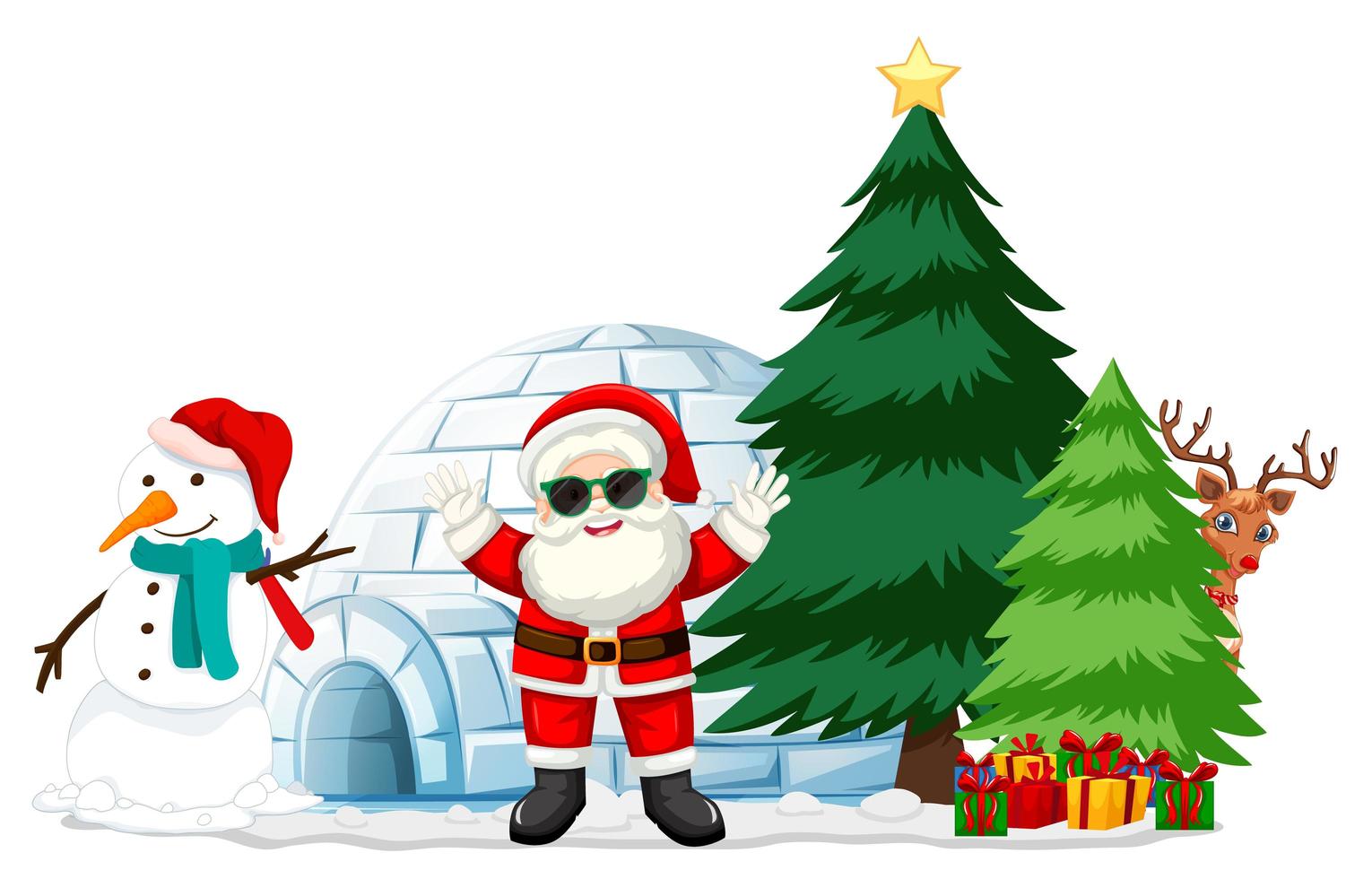 Papá Noel con muñeco de nieve y elemento navideño sobre fondo blanco. vector