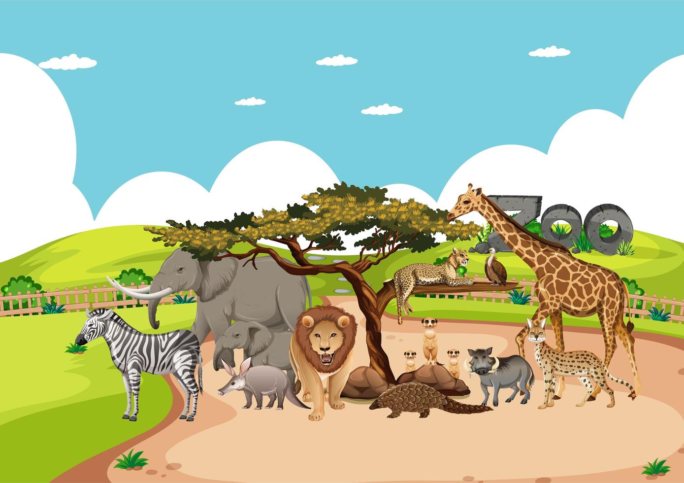 Grupo de animales salvajes africanos en la escena del zoológico vector