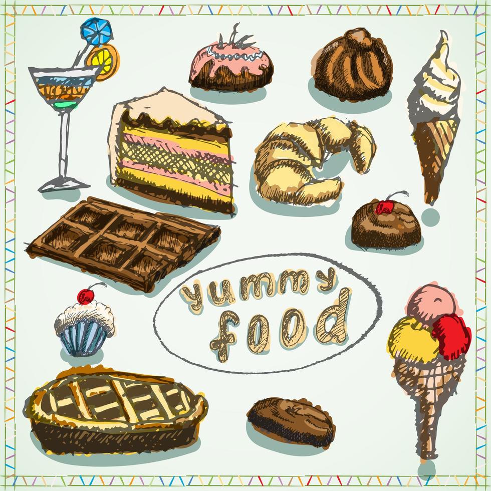 postres de comida conjunto boceto dibujado a mano de color vector