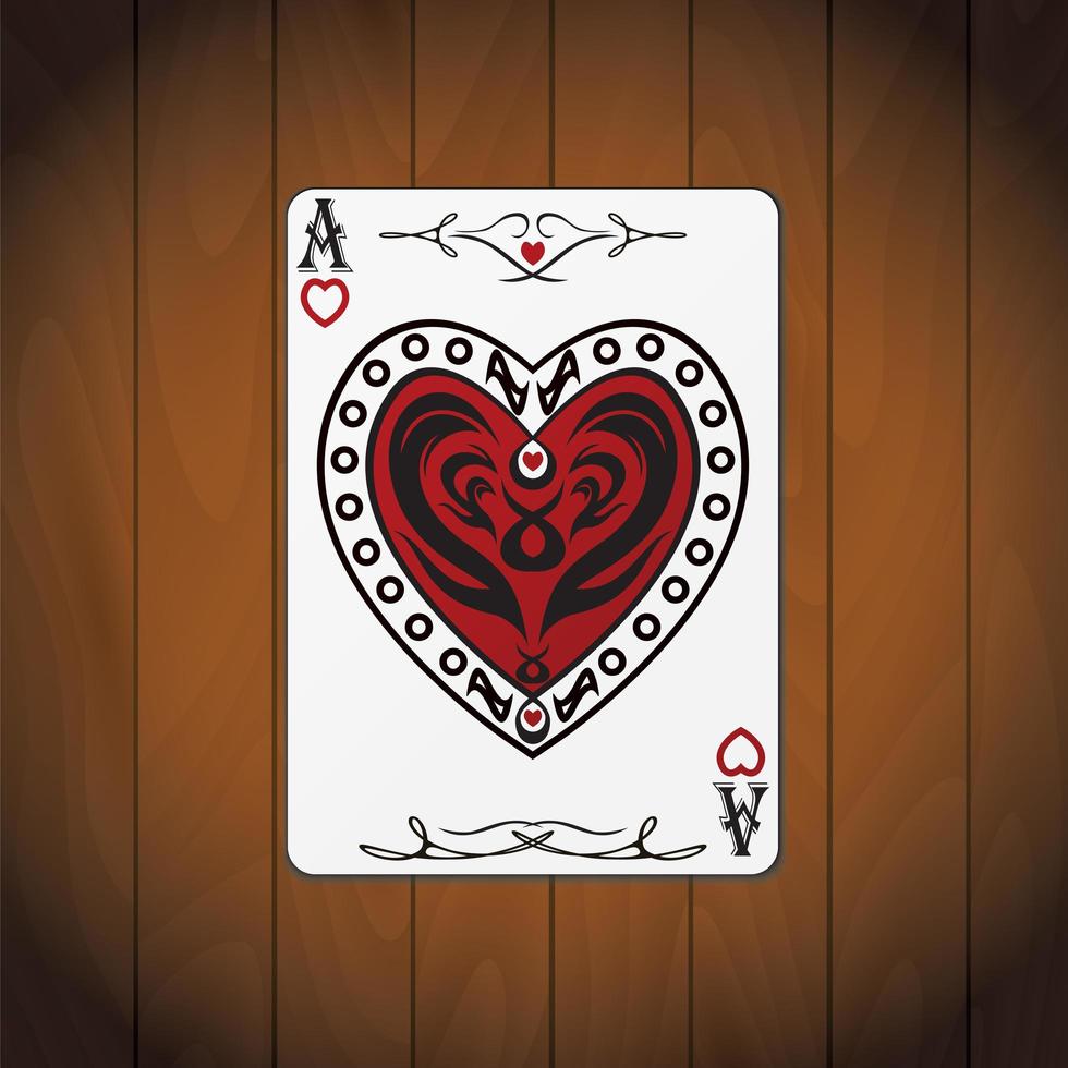 Ace hearts, poker card varnished wood background vector