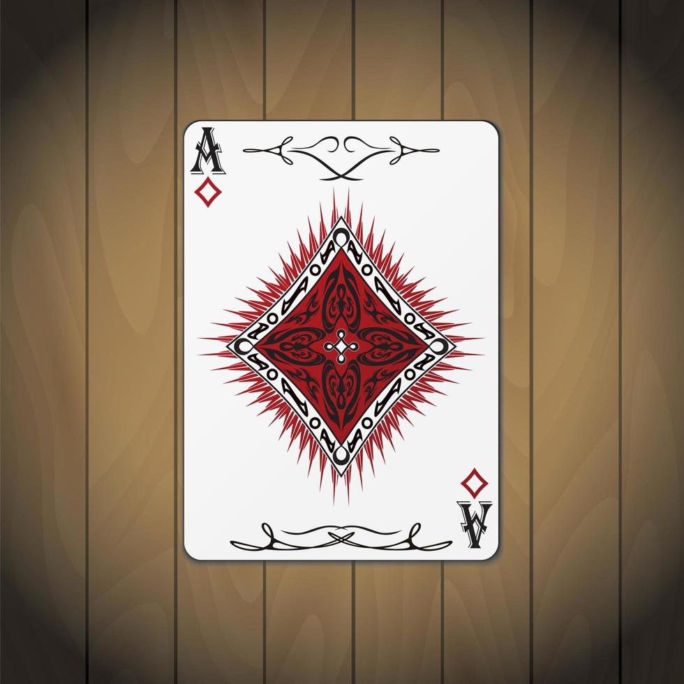 Ace of diamonds, poker card wood background vector