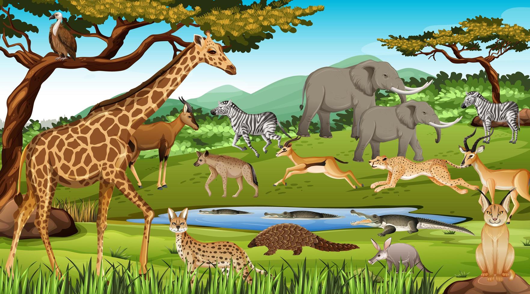 Grupo de animales salvajes africanos en la escena del bosque vector