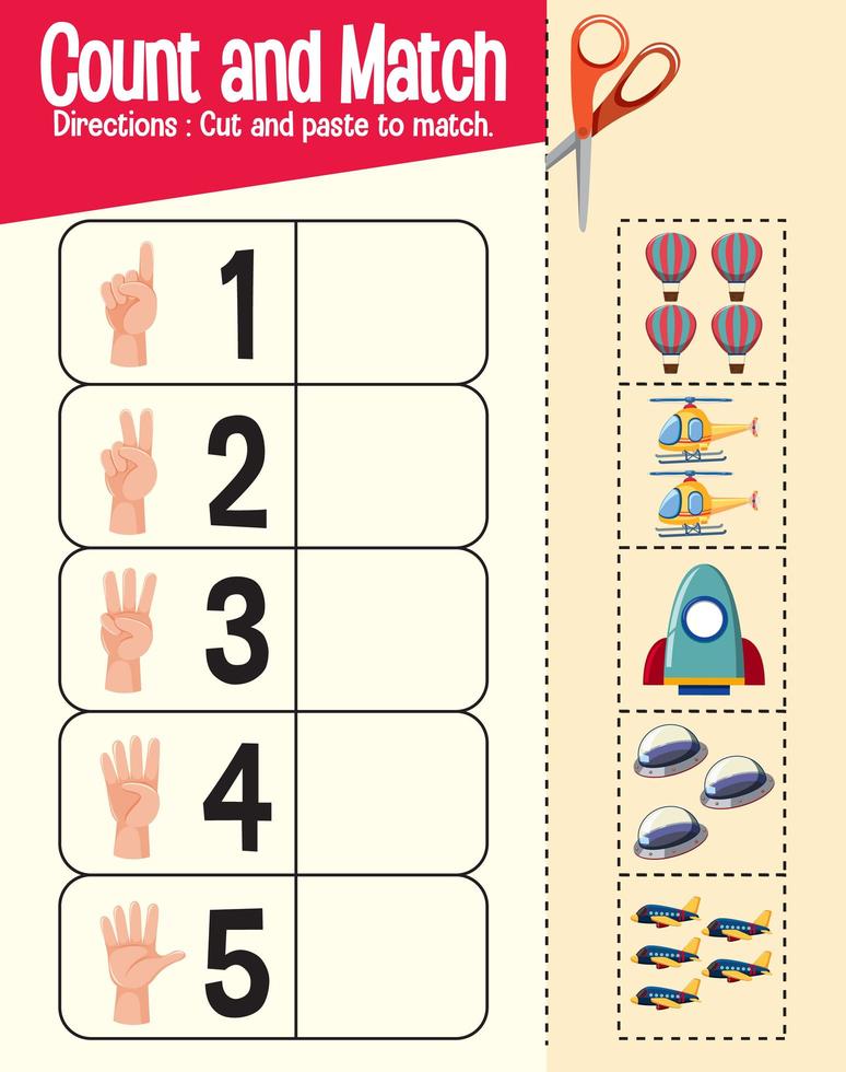 Count and match game, maths worksheet for children vector