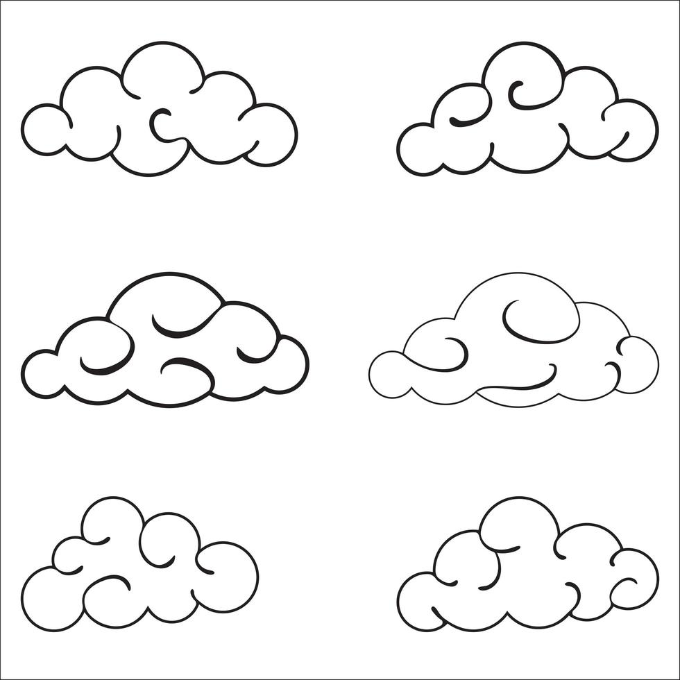 Conjunto de nubes negras contorneado aislado sobre fondo blanco. vector