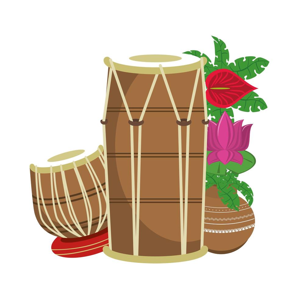 Indian tabla drums with lotus flower vector
