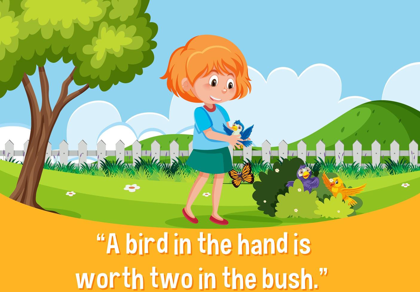 English idiom with picture description for a bird in the hand is worth two in the bush vector