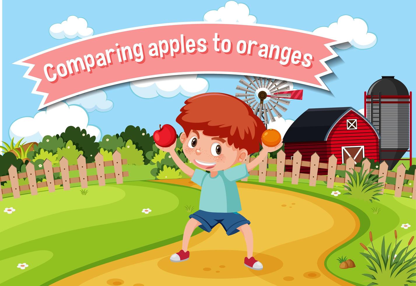 English idiom with picture description for comparing apples to oranges 1610409 Vector Art at