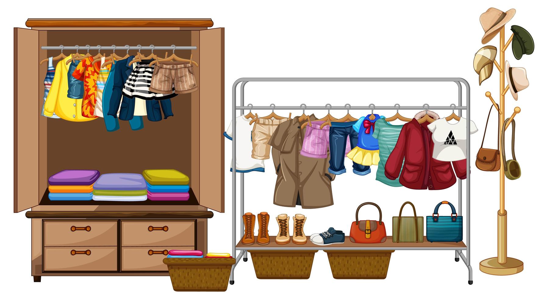 Clothes hanging in wardrobe with accessories and clothes rank on white background vector