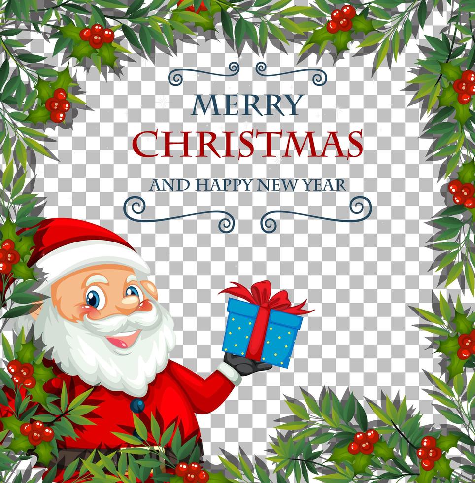 Merry Christmas and happy new year font with leaf frame and santa claus on transparent background vector