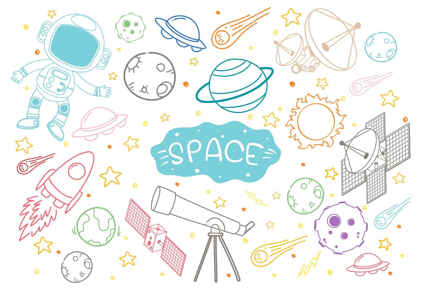 conjunto de doodle de elemento espacial aislado sobre fondo blanco vector