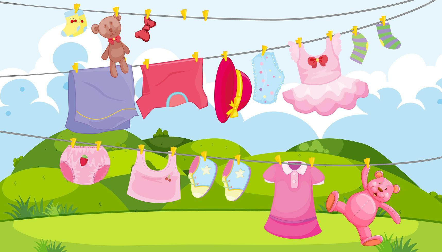 Children clothes on a clothesline with children accessories in the outdoor scene vector