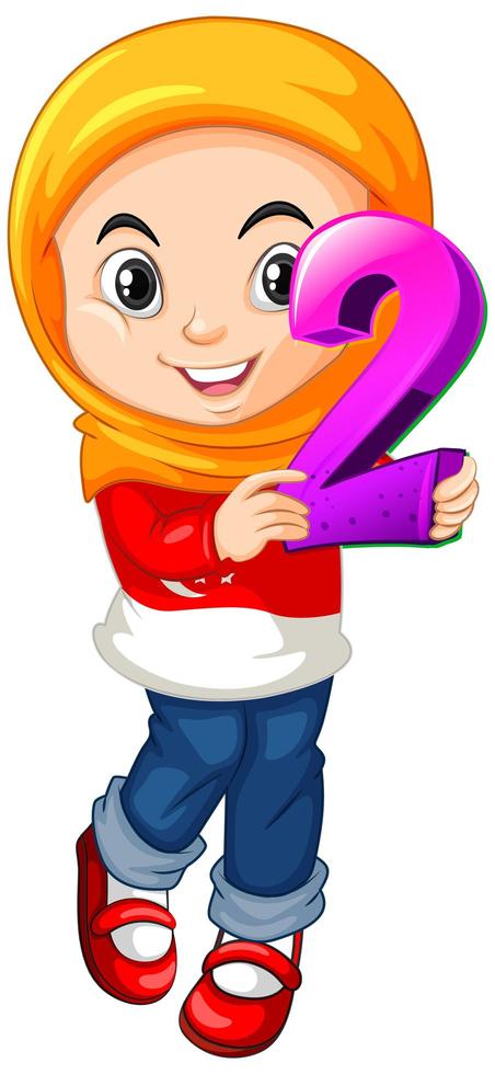 Muslim girl wearing hijab holding math number two vector