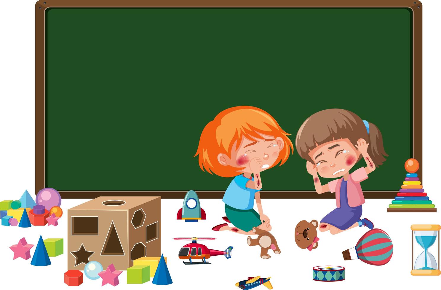 Young girls injured at cheek and arm from playing with many toys elements vector