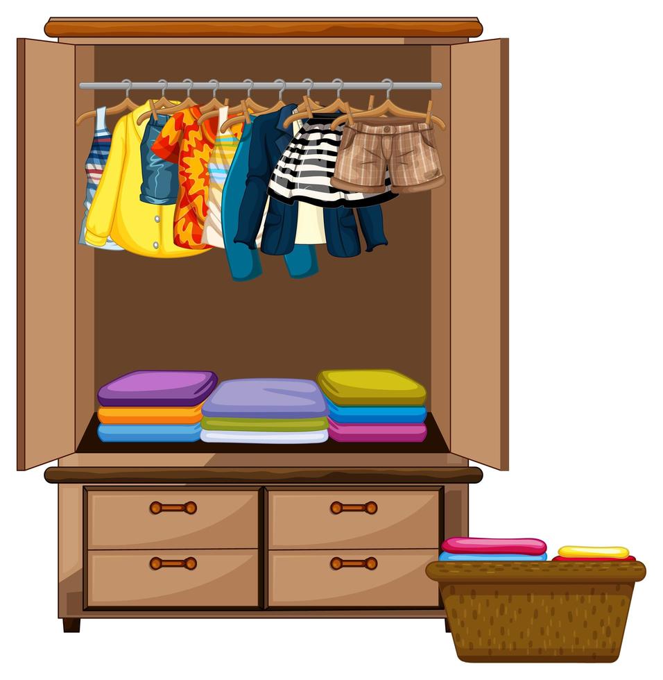 Clothes hanging in wardrobe with clothes basket on white background ...