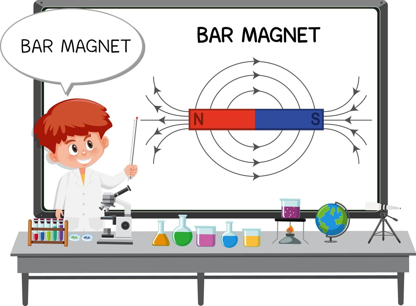 Young scientist explaining bar magnet vector