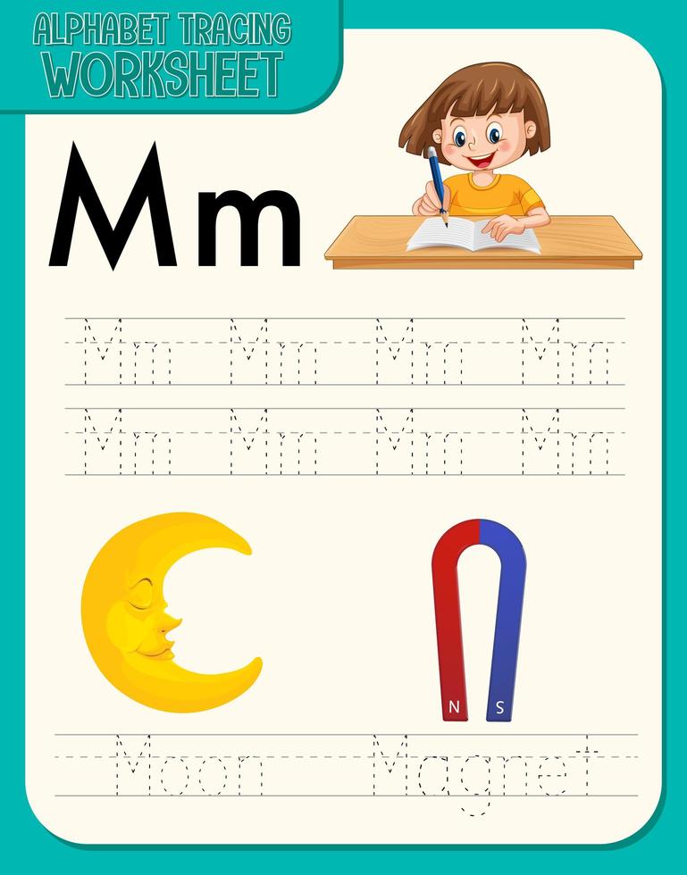 Alphabet tracing worksheet with letter and vocabulary vector