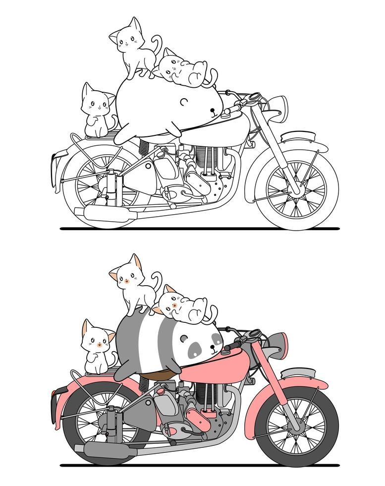 Adorables gatos y panda en moto página para colorear de dibujos animados vector
