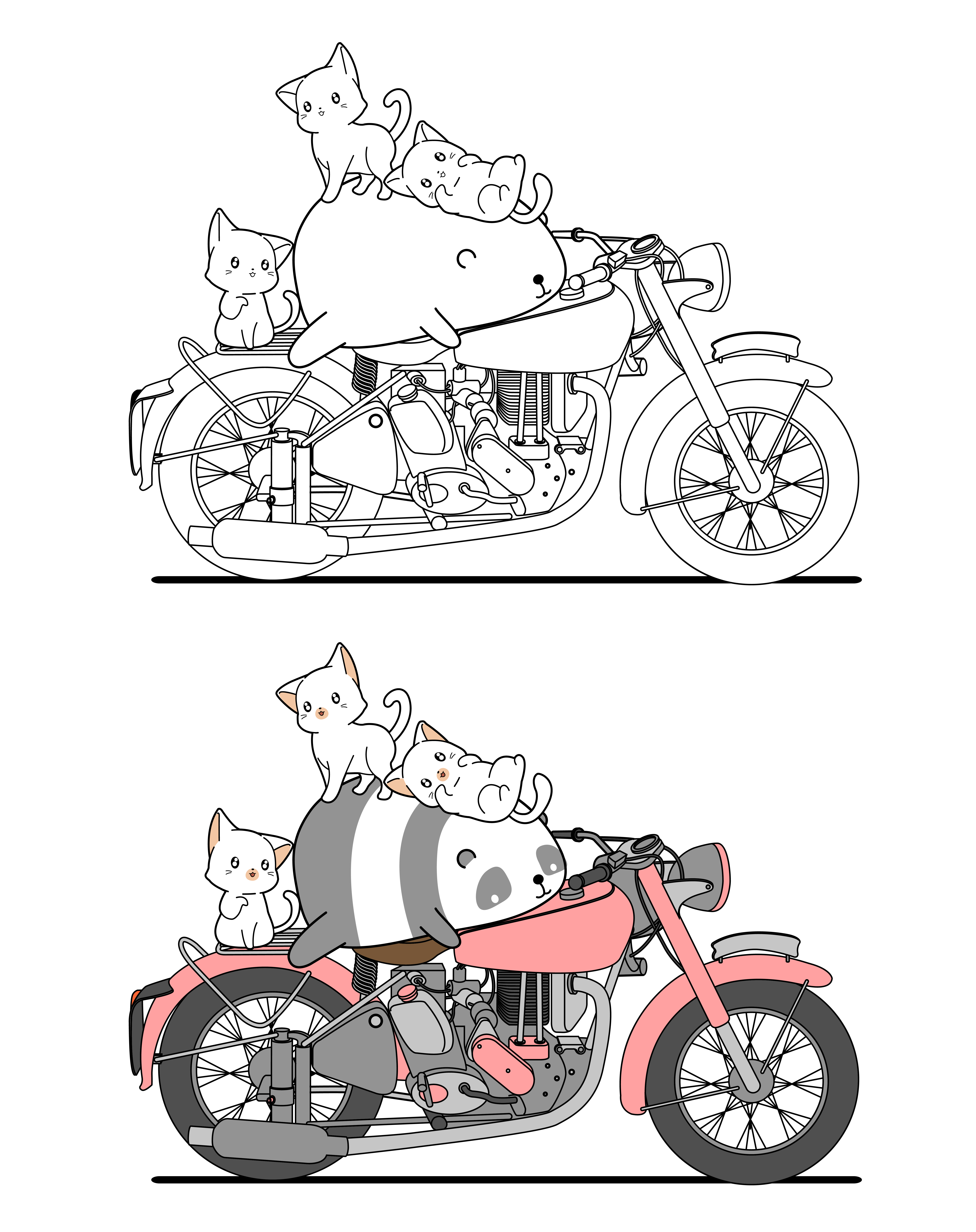 Adorable cats and panda on motorbike cartoon coloring page 1612745 Vector  Art at Vecteezy