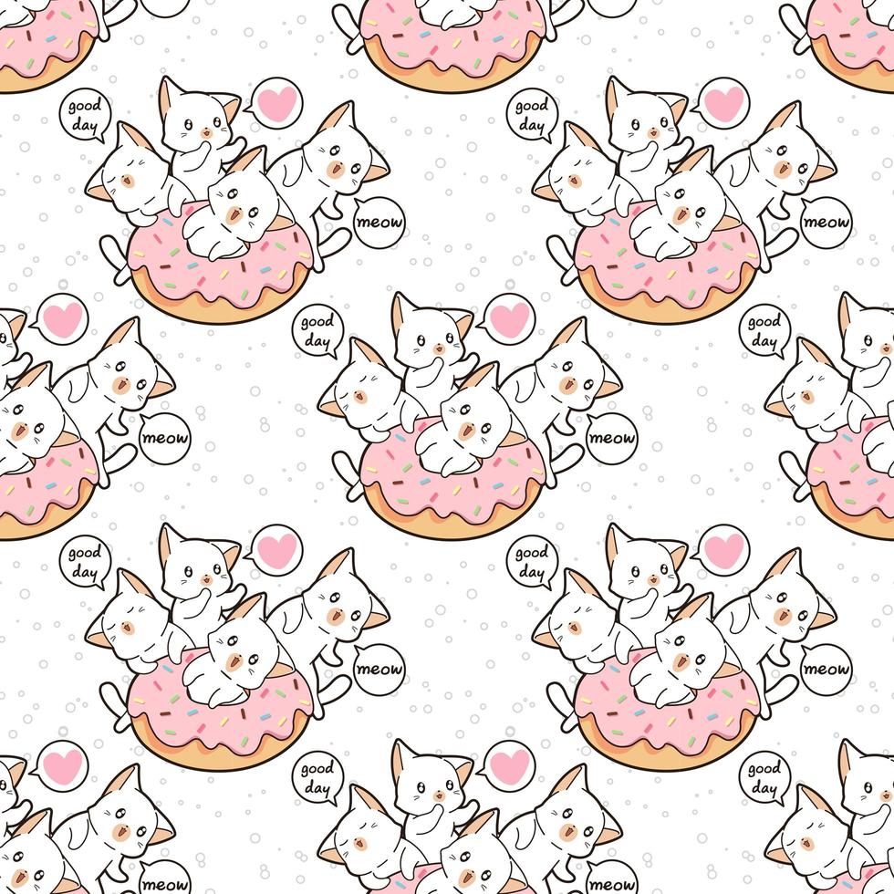 Seamless kawaii cat character with pink doughnut pattern vector
