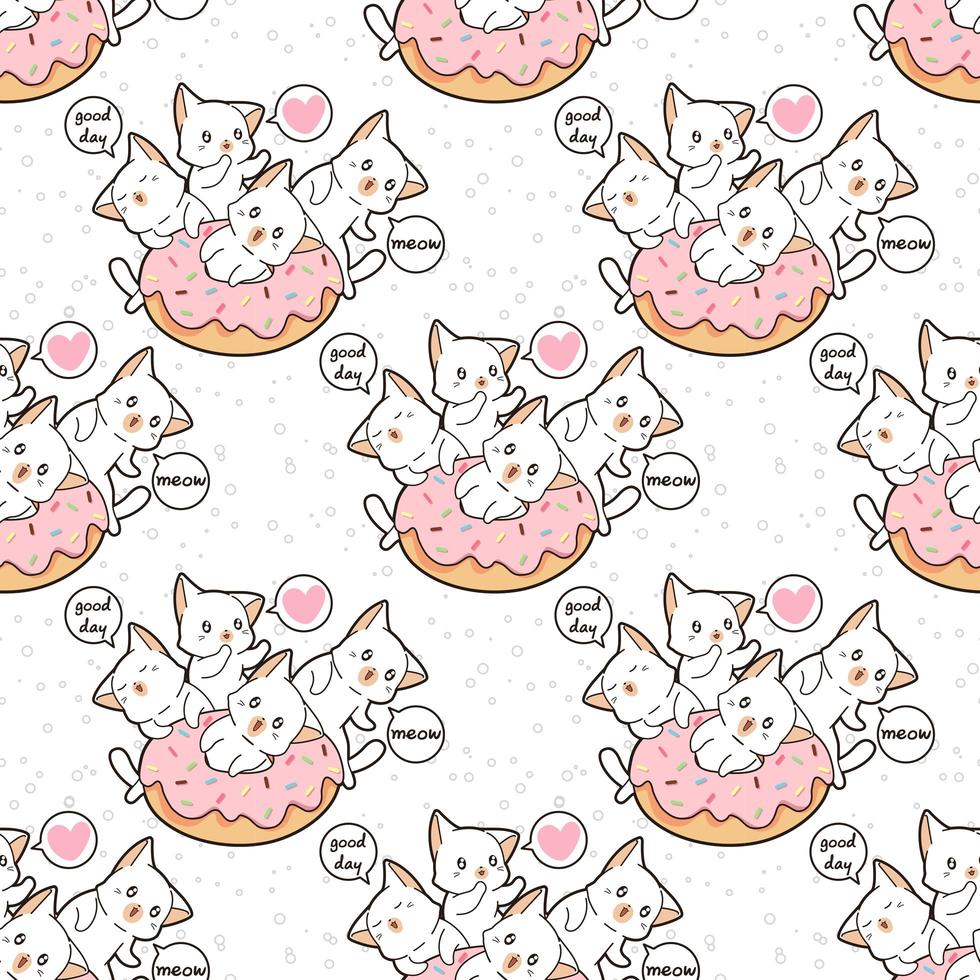 personaje de gato kawaii inconsútil con patrón de rosquilla rosa vector