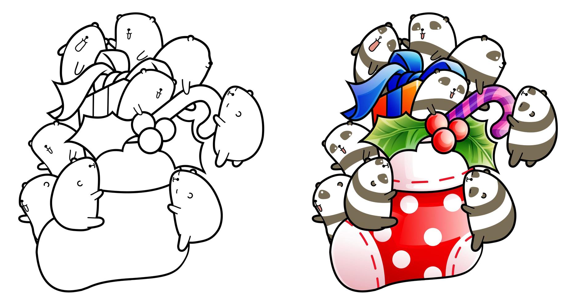 Cute pandas on Christmas day cartoon coloring page vector