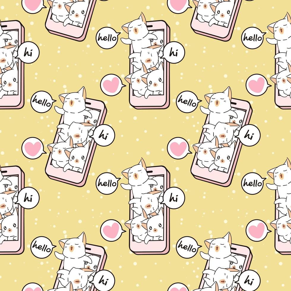 Seamless kawaii cat characters in mobile phone pattern vector