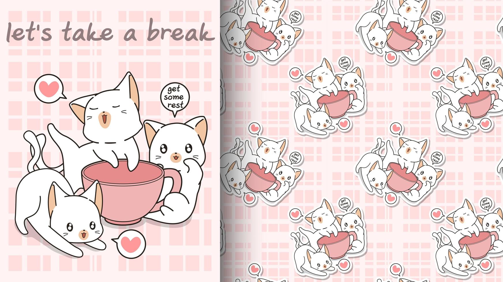 Seamless kawaii cats with a pink cup pattern vector