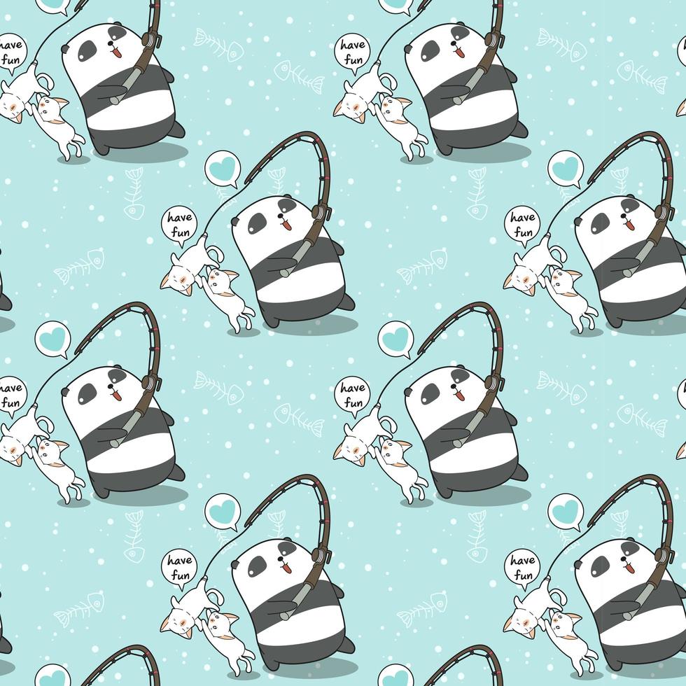 Seamless fisherman panda and cute cats character pattern vector