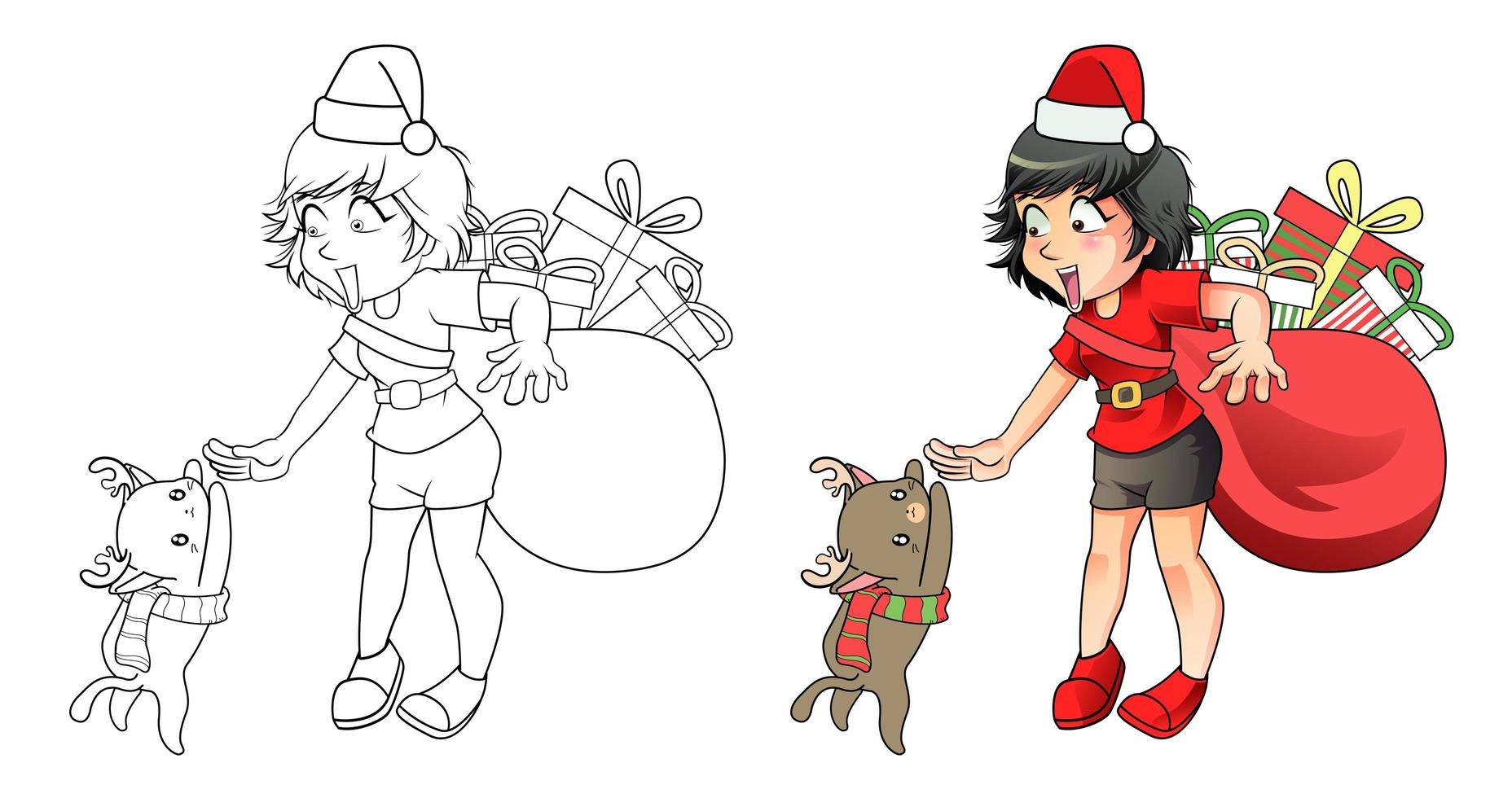 Santa girl and reindeer cat cartoon coloring page vector