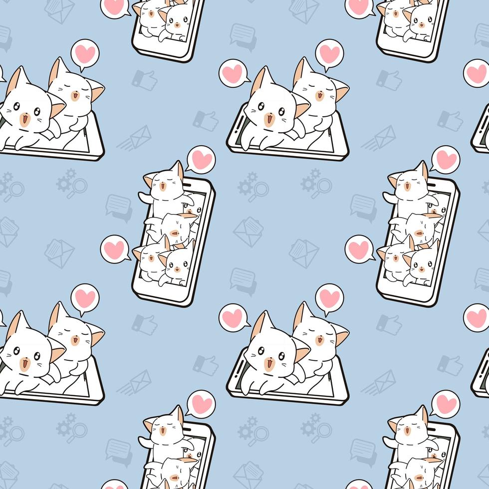 Seamless kawaii cats with smart phone pattern vector
