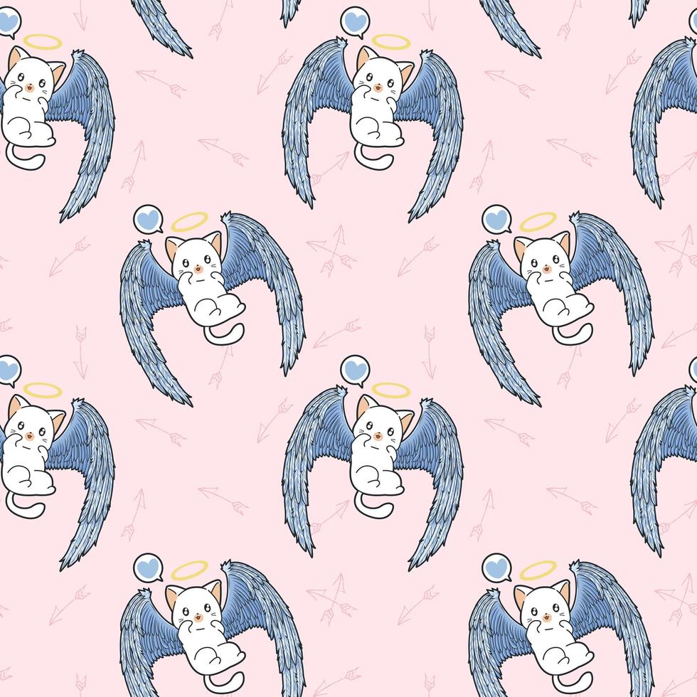 Seamless kawaii cupid cat character pattern vector