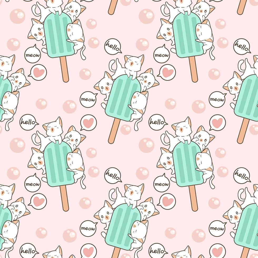 Seamless kawaii cats with ice cream bar pattern vector